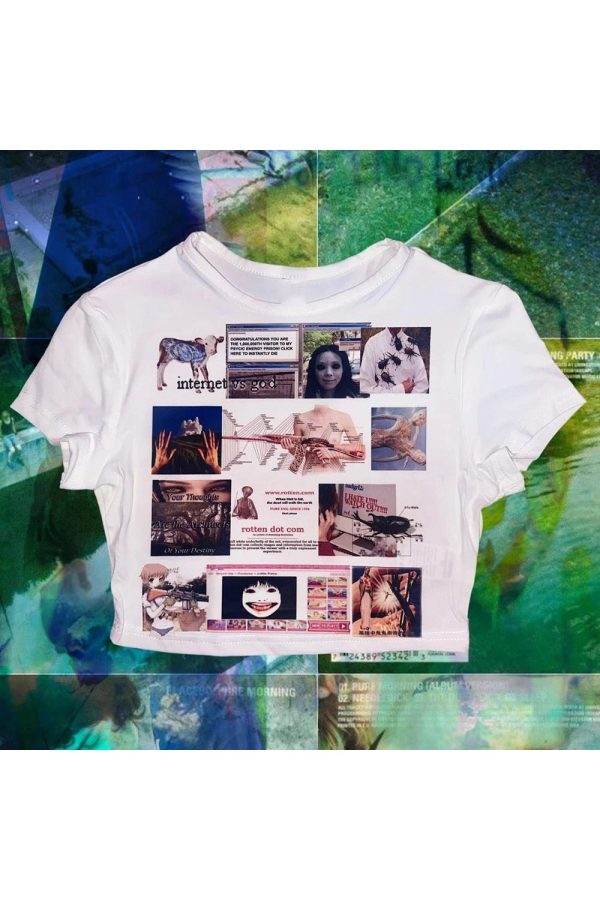 Digital Dystopia Y2K Aesthetic Collage Top for Grunge & Coquette Styles