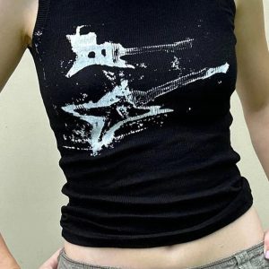 Distressed Graphic Ribbed Top - Y2K Fashion for Coquette & Grunge Aesthetics