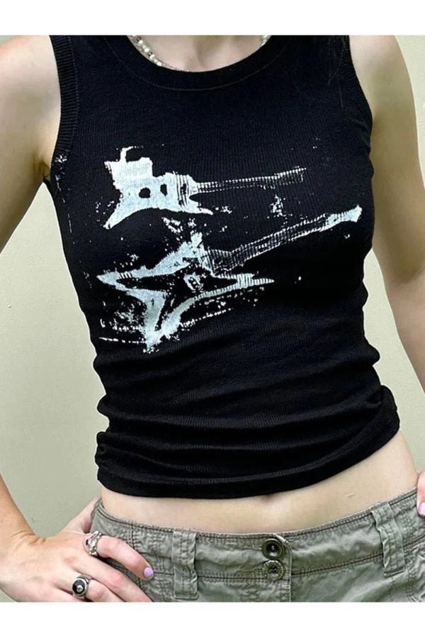 Distressed Graphic Ribbed Top - Y2K Fashion for Coquette & Grunge Aesthetics