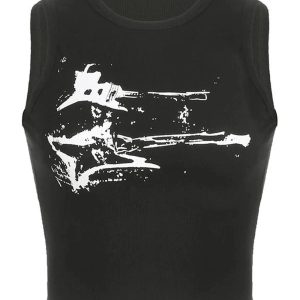 Distressed Graphic Ribbed Top - Y2K Fashion for Coquette & Grunge Aesthetics