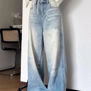 Distressed Light-Wash Wide-Leg Jeans for Y2K Fashion & Aesthetic Outfits