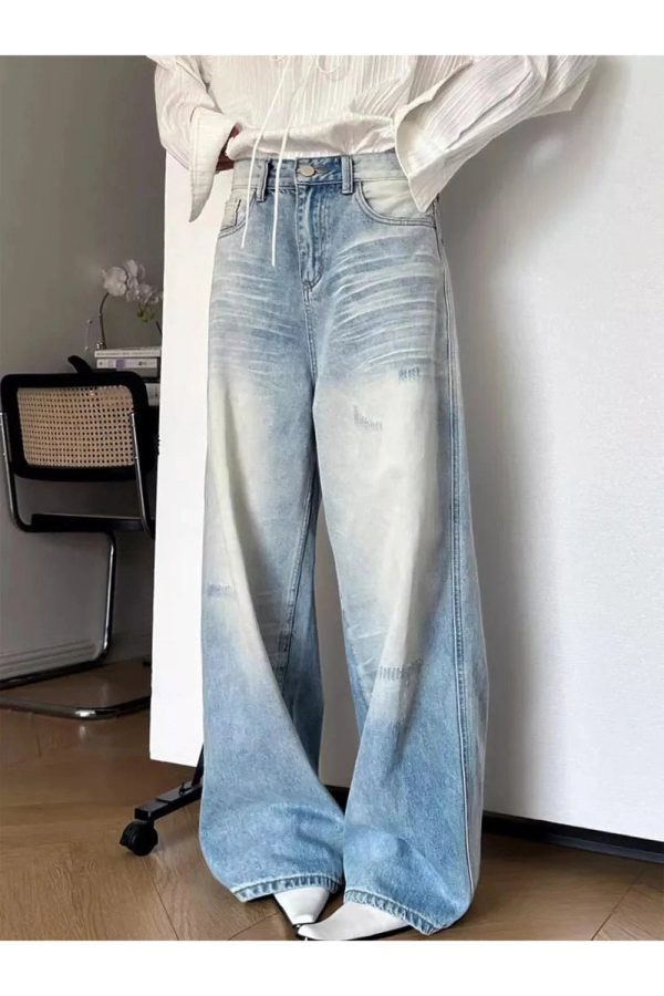 Distressed Light-Wash Wide-Leg Jeans for Y2K Fashion & Aesthetic Outfits