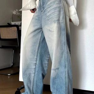 Distressed Light-Wash Wide-Leg Jeans for Y2K Fashion & Aesthetic Outfits