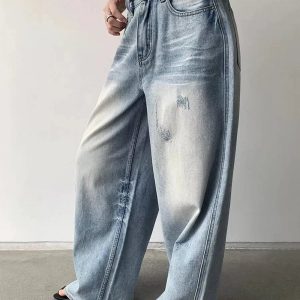 Distressed Light-Wash Wide-Leg Jeans for Y2K Fashion & Aesthetic Outfits