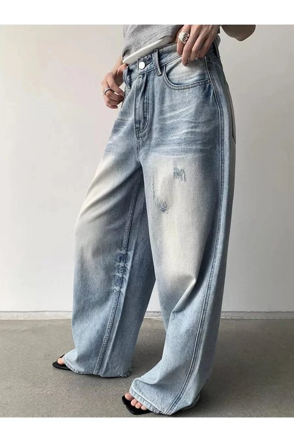 Distressed Light-Wash Wide-Leg Jeans for Y2K Fashion & Aesthetic Outfits