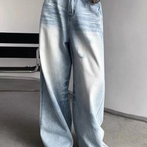 Distressed Light-Wash Wide-Leg Jeans for Y2K Fashion & Aesthetic Outfits