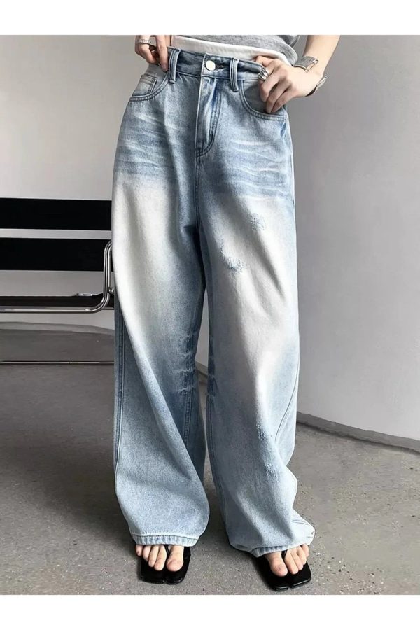 Distressed Light-Wash Wide-Leg Jeans for Y2K Fashion & Aesthetic Outfits