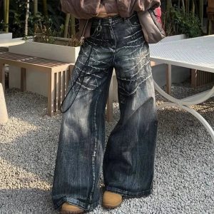 Distressed Marble Wash Wide-Leg Jeans for Y2K Fashion & Aesthetic Outfits