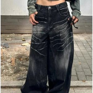 Distressed Marble Wash Wide-Leg Jeans for Y2K Fashion & Aesthetic Outfits