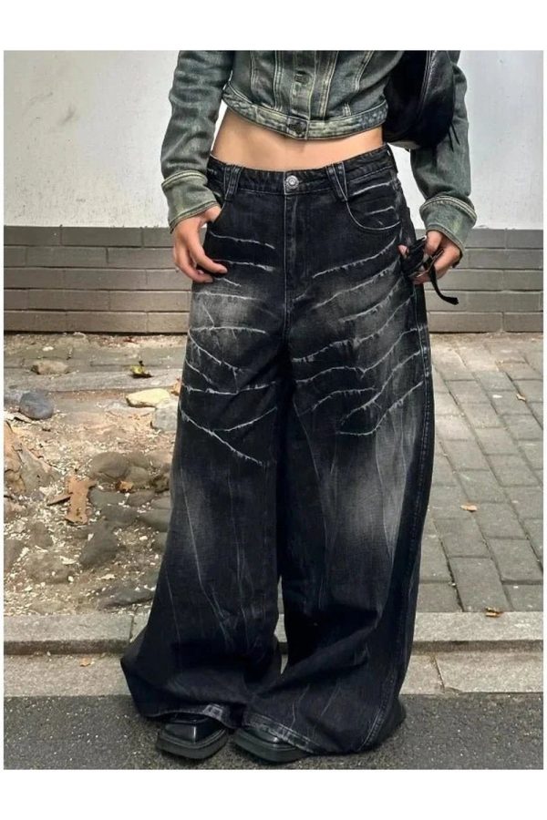 Distressed Marble Wash Wide-Leg Jeans for Y2K Fashion & Aesthetic Outfits