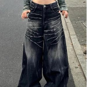 Distressed Marble Wash Wide-Leg Jeans for Y2K Fashion & Aesthetic Outfits