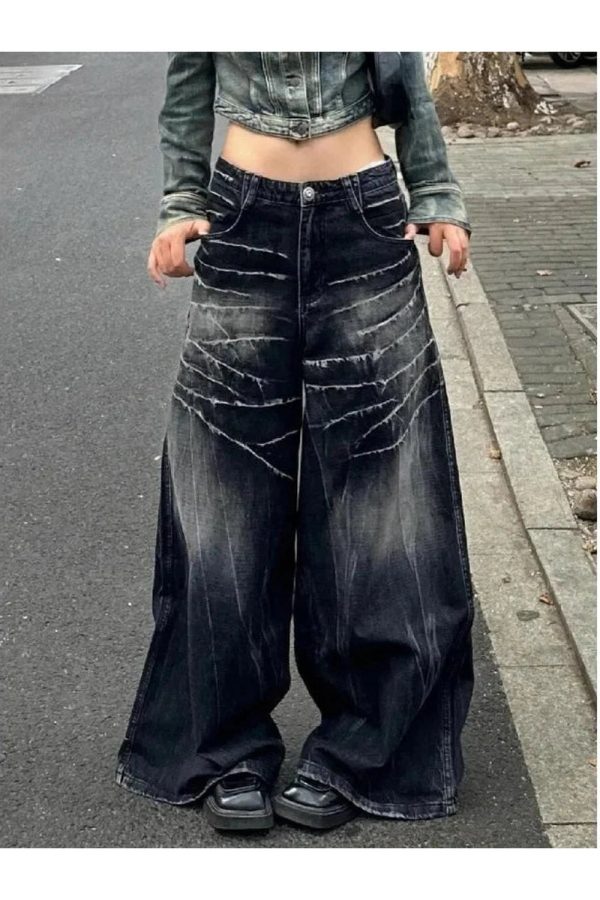 Distressed Marble Wash Wide-Leg Jeans for Y2K Fashion & Aesthetic Outfits