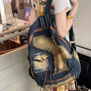 Distressed Vintage Denim Backpack - Y2K Aesthetic & Grunge Style Essential