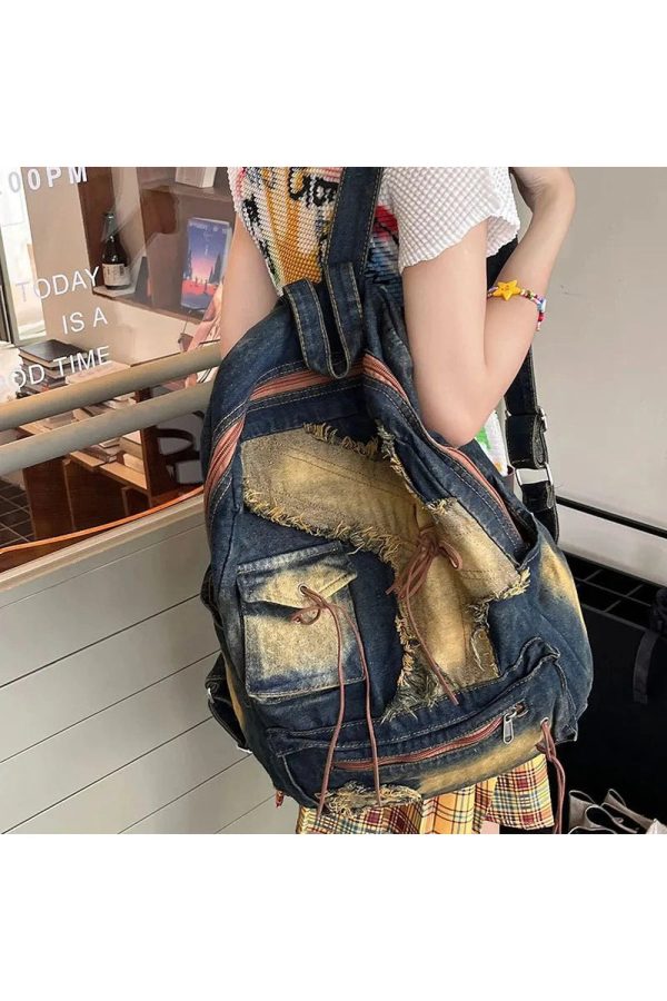 Distressed Vintage Denim Backpack - Y2K Aesthetic & Grunge Style Essential