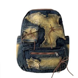 Distressed Vintage Denim Backpack - Y2K Aesthetic & Grunge Style Essential