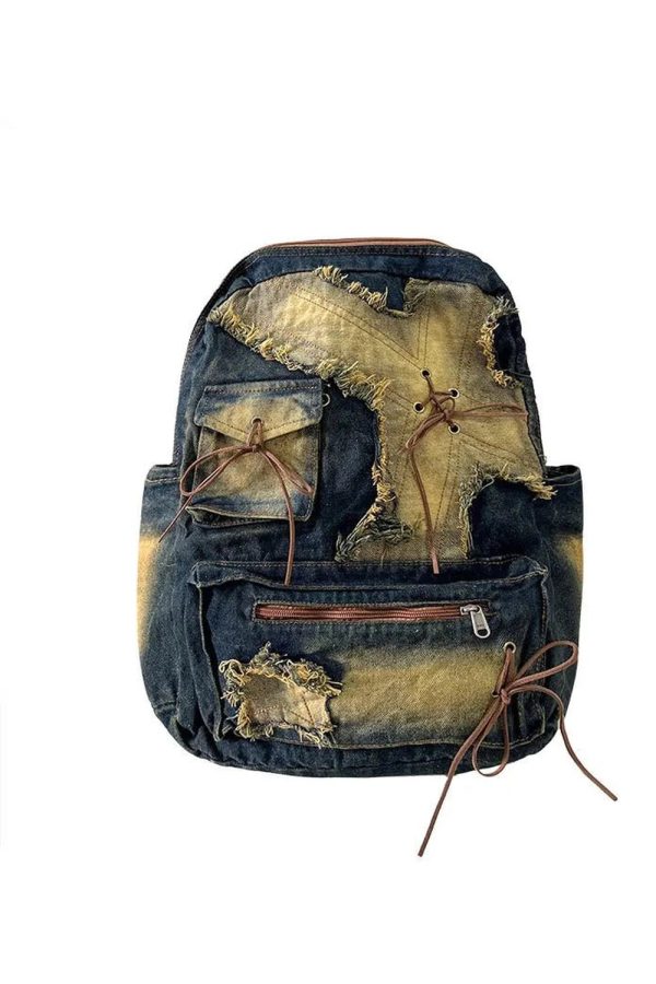 Distressed Vintage Denim Backpack - Y2K Aesthetic & Grunge Style Essential