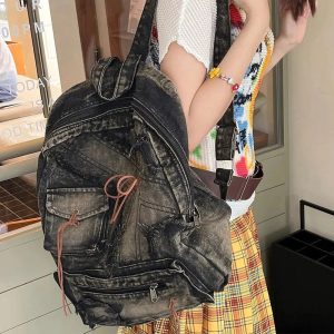 Distressed Vintage Denim Backpack - Y2K Aesthetic & Grunge Style Essential