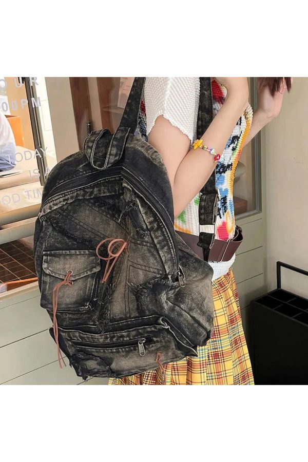 Distressed Vintage Denim Backpack - Y2K Aesthetic & Grunge Style Essential