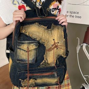 Distressed Vintage Denim Backpack - Y2K Aesthetic & Grunge Style Essential