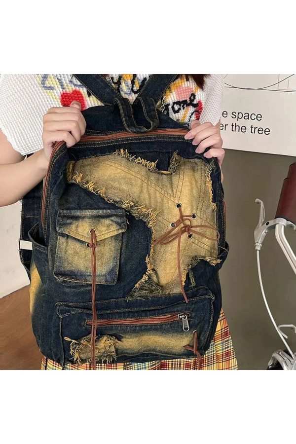 Distressed Vintage Denim Backpack - Y2K Aesthetic & Grunge Style Essential