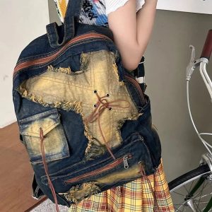 Distressed Vintage Denim Backpack - Y2K Aesthetic & Grunge Style Essential