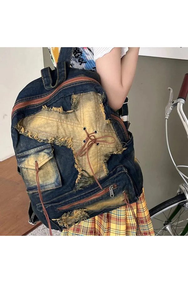 Distressed Vintage Denim Backpack - Y2K Aesthetic & Grunge Style Essential