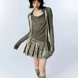 Draped Mesh Tie-Up Top for Y2K Fashion: Cute Coquette & Grunge Aesthetic