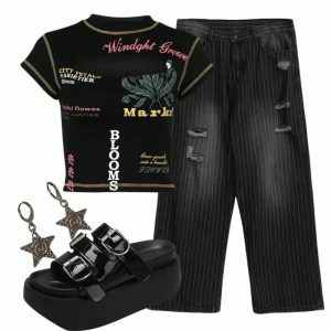 Edgy Y2K Fashion: Keyhole Top, Grunge Pinstripe Pants & Platform Sandals