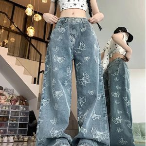 Fall Butterfly Dream Wide-Leg Jeans - Y2K Aesthetic Grunge & Coquette