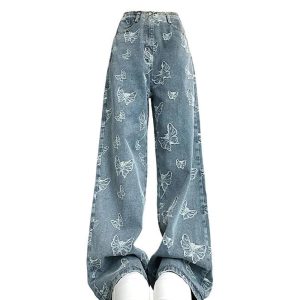 Fall Butterfly Dream Wide-Leg Jeans - Y2K Aesthetic Grunge & Coquette