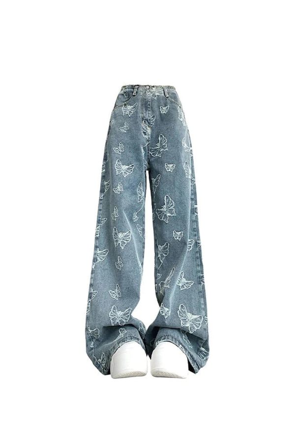 Fall Butterfly Dream Wide-Leg Jeans - Y2K Aesthetic Grunge & Coquette