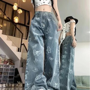 Fall Butterfly Dream Wide-Leg Jeans - Y2K Aesthetic Grunge & Coquette