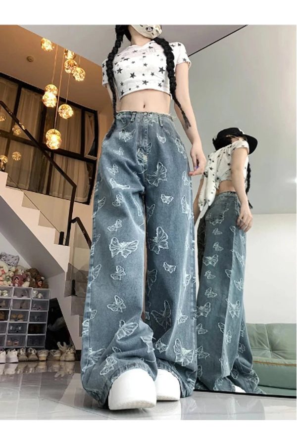 Fall Butterfly Dream Wide-Leg Jeans - Y2K Aesthetic Grunge & Coquette