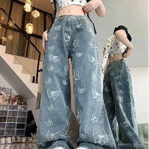 Fall Butterfly Dream Wide-Leg Jeans - Y2K Aesthetic Grunge & Coquette