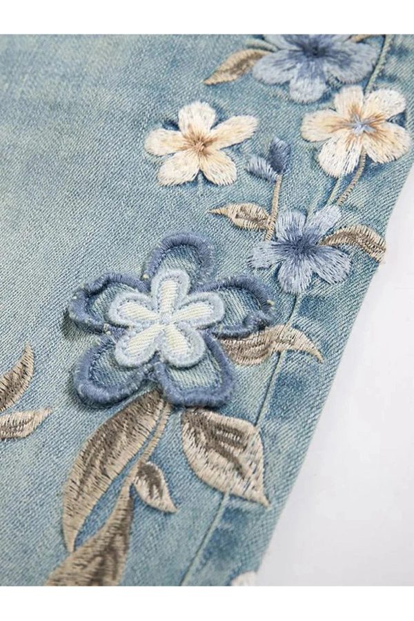 Floral Meadow Embroidered Jeans - Y2K Aesthetic Grunge & Coquette Style