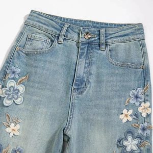 Floral Meadow Embroidered Jeans - Y2K Aesthetic Grunge & Coquette Style