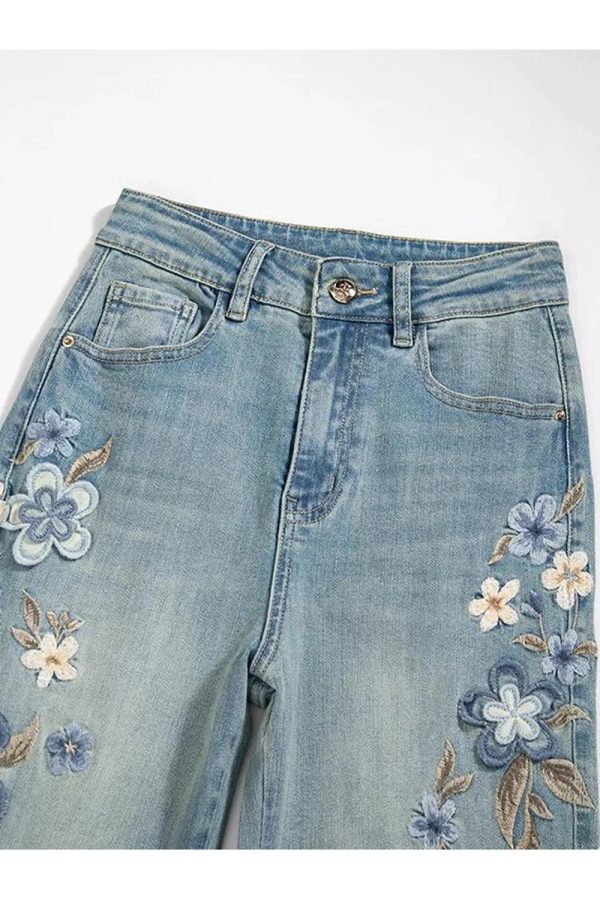 Floral Meadow Embroidered Jeans - Y2K Aesthetic Grunge & Coquette Style