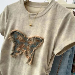 Frayed Butterfly Patch Top - Y2K Aesthetic Cute Top for Grunge & Coquette Styles