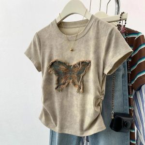 Frayed Butterfly Patch Top - Y2K Aesthetic Cute Top for Grunge & Coquette Styles