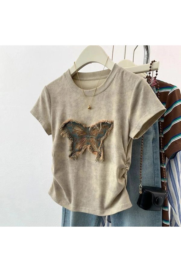 Frayed Butterfly Patch Top - Y2K Aesthetic Cute Top for Grunge & Coquette Styles