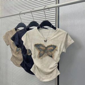 Frayed Butterfly Patch Top - Y2K Aesthetic Cute Top for Grunge & Coquette Styles