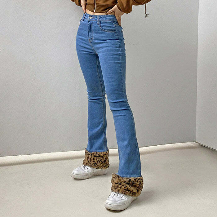 Fuzzy Leopard Trim Jeans - Y2K Fashion, Grunge Aesthetic, Cute Tops