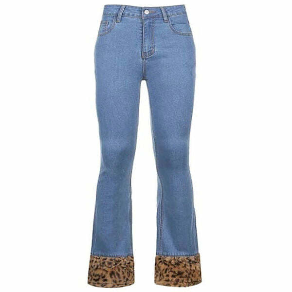 Fuzzy Leopard Trim Jeans - Y2K Fashion, Grunge Aesthetic, Cute Tops