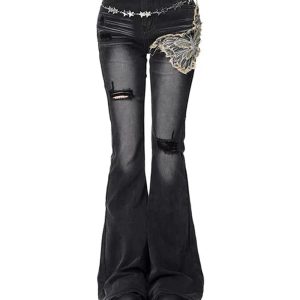 Gothic Butterfly Distressed Flare Jeans for Y2K Grunge Aesthetic Outfits