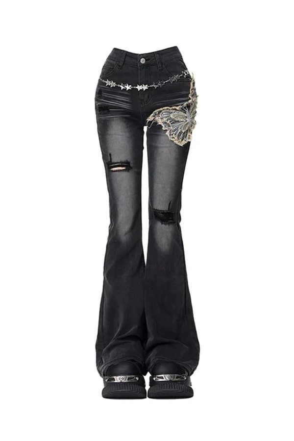 Gothic Butterfly Distressed Flare Jeans for Y2K Grunge Aesthetic Outfits