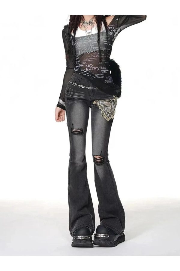 Gothic Butterfly Distressed Flare Jeans for Y2K Grunge Aesthetic Outfits