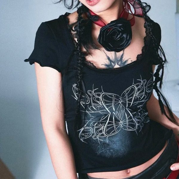 Gothic Butterfly Top: Y2K Fashion for Coquette & Grunge Aesthetic Lovers