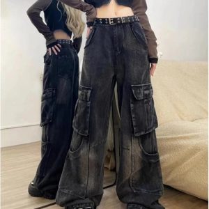 Gothic Cargo Flare Jeans: Y2K Grunge Aesthetic & Cute Tops Essential