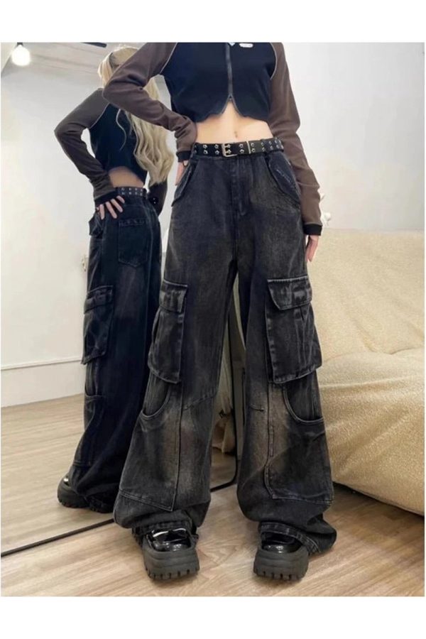 Gothic Cargo Flare Jeans: Y2K Grunge Aesthetic & Cute Tops Essential