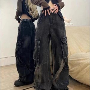 Gothic Cargo Flare Jeans: Y2K Grunge Aesthetic & Cute Tops Essential